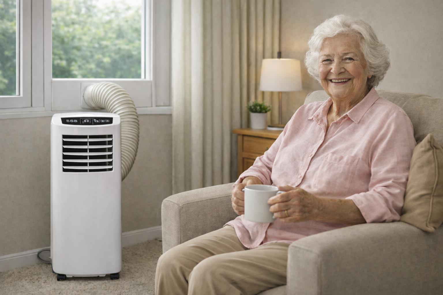 Personne âgée profitant d'un air climatisé portatif usagé garanti 3 mois