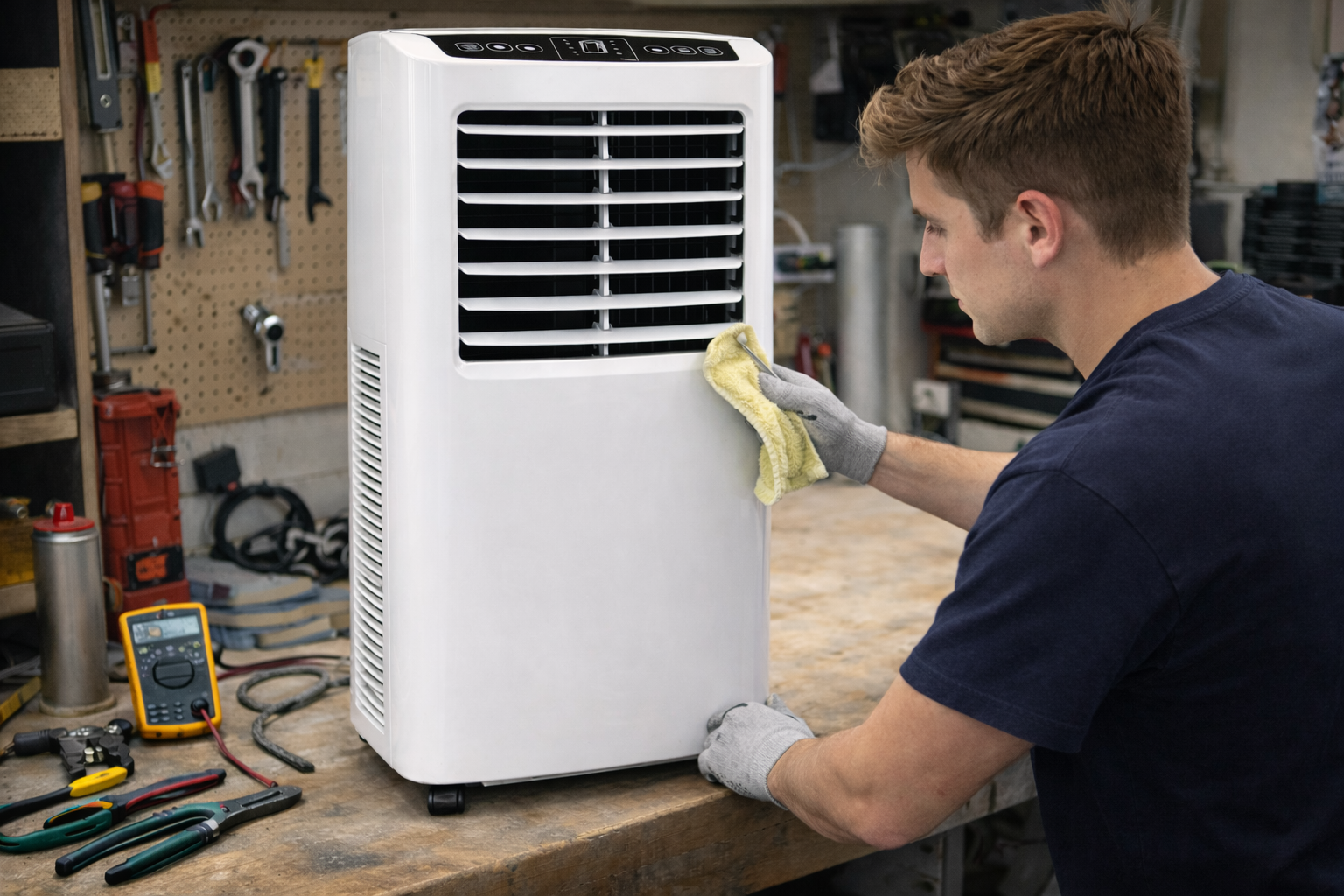 Inspection climatiseur portatif usagé par technicien BelGlass — garanti 3 mois